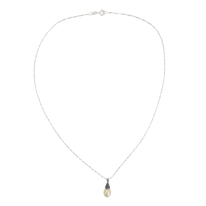 Antiqued Sterling Silver Marcasite Freshwater Pearl Pendant Delicate Chain Necklace, 18"