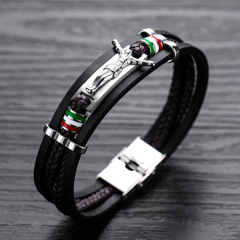 Punk Jesus Suffering Leather Woven Stainless Steel Bracelet