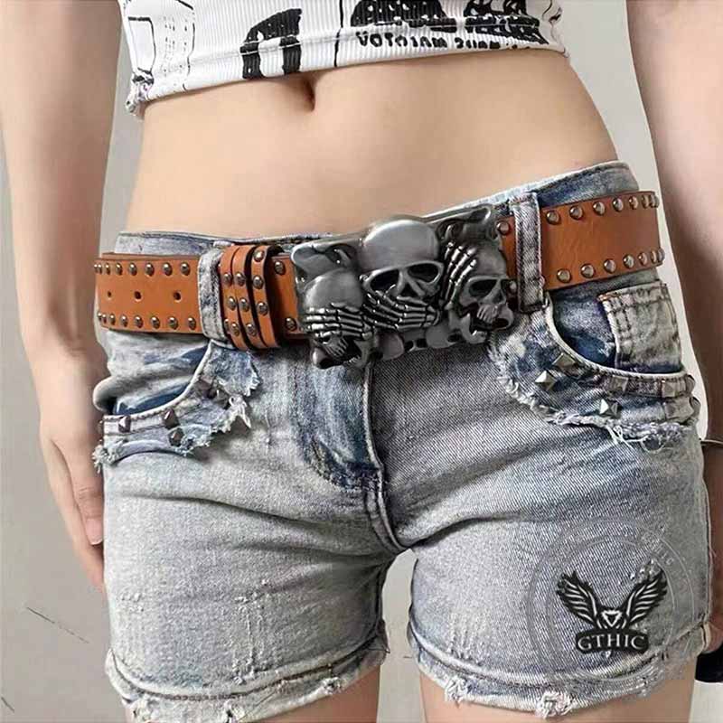 Punk Triple Skull Buckle Rivet Pu Leather Belt