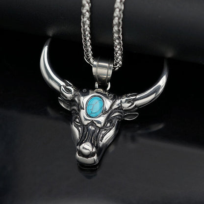 Punk Turquoise Bull Head Stainless Steel Pendant
