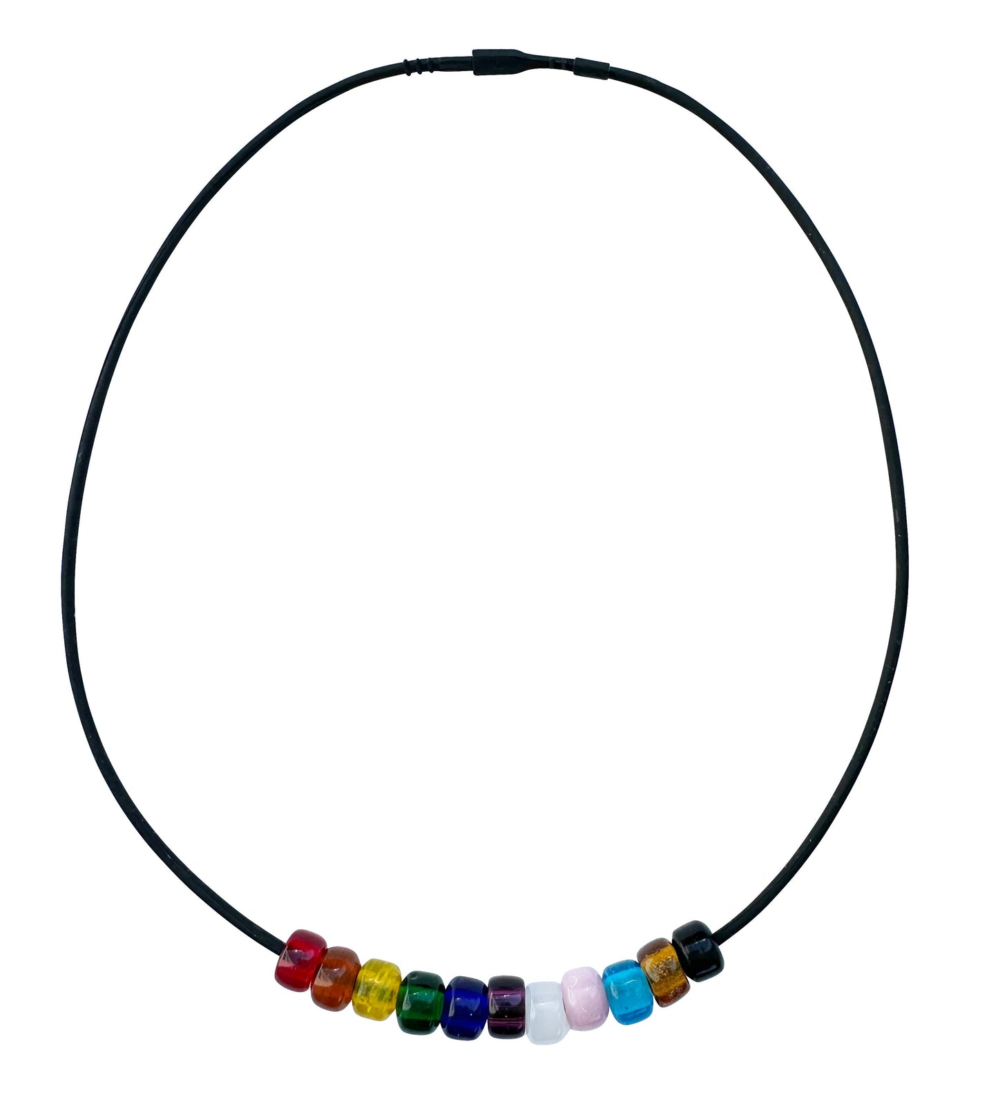 Rainbow Progress Pride Necklace With Czech Glass Beads on Black Rubber Cord, 18 Inches