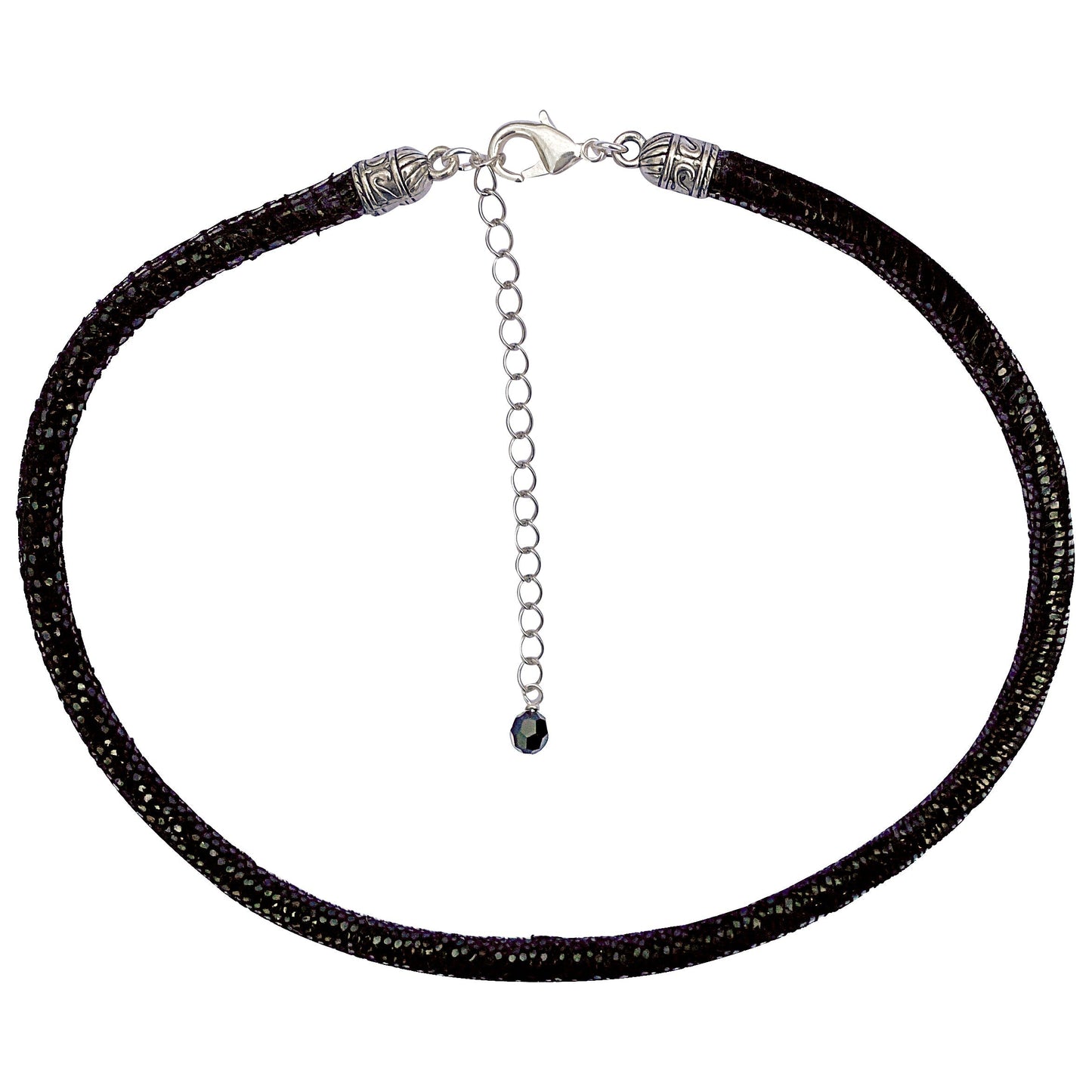 Black Leather Sparkly Snakeskin Choker Necklace With Silver Extender Chain & Swarovski Crystal