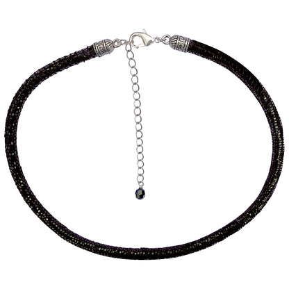 Black Leather Sparkly Snakeskin Choker Necklace With Silver Extender Chain & Swarovski Crystal