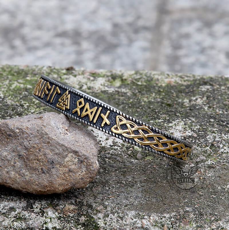 Stamped Futhark Runes Stainless Steel Viking Cuff Bracelet