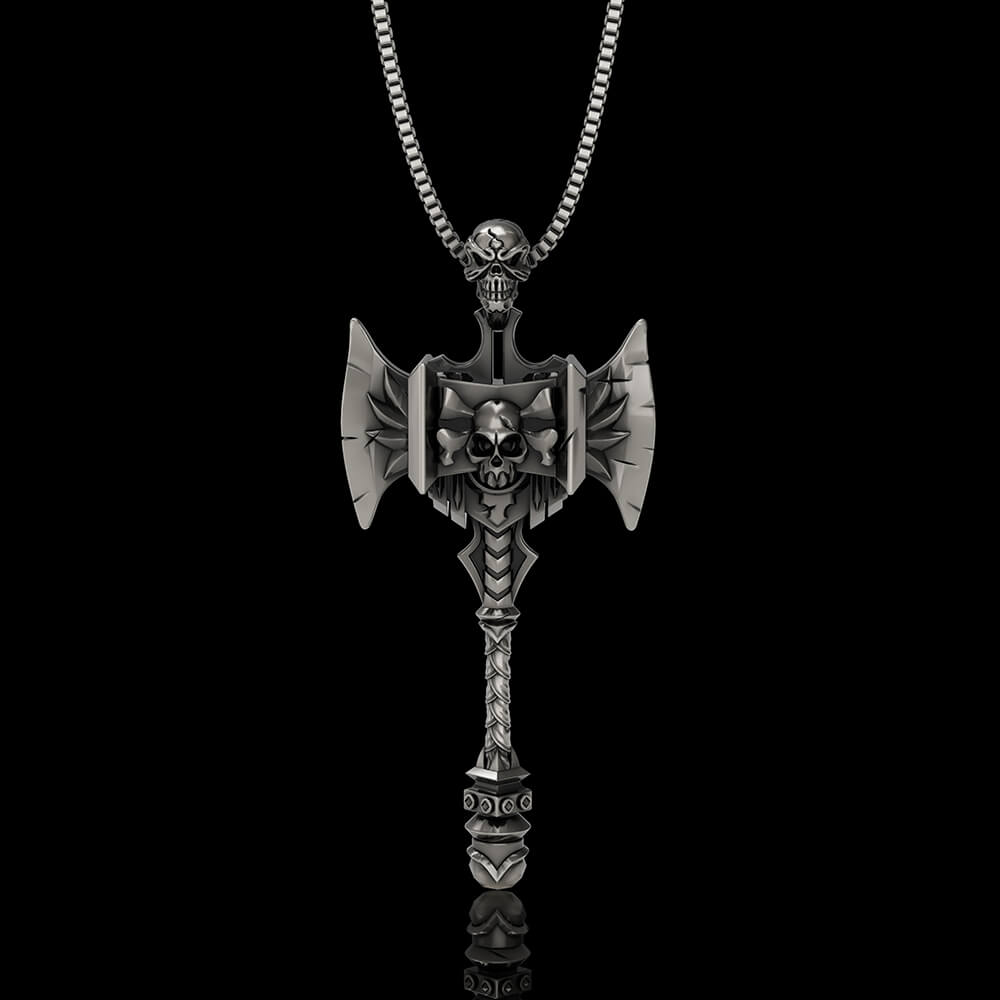 Viking Gorehowl Tomahawk Sterling Silver Skull Pendant